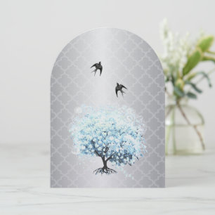 Moroccan Tile Heart Leaf Aqua Tree Vintage Bird Invitation