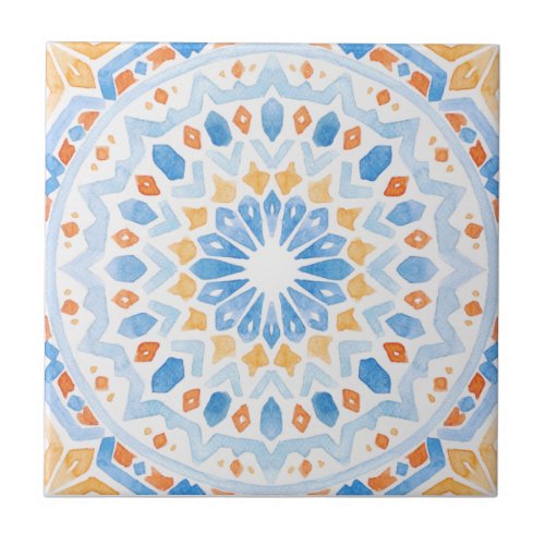 Moroccan tile in blue and orange watercolor