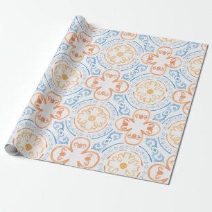 Moroccan tile in blue and orange wrapping papper paper