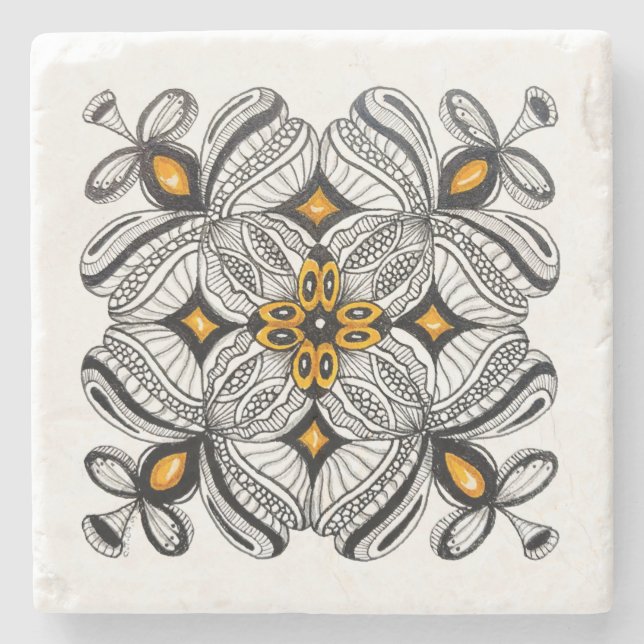 Moroccan Tile Inspired Doodle  Stone Coaster (Front)