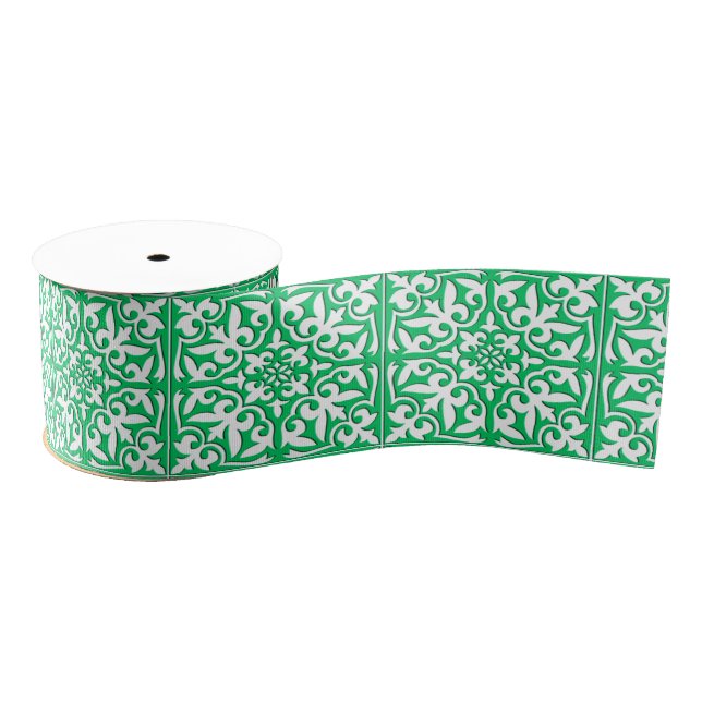 Moroccan tile - jade green and white grosgrain ribbon (Spool)