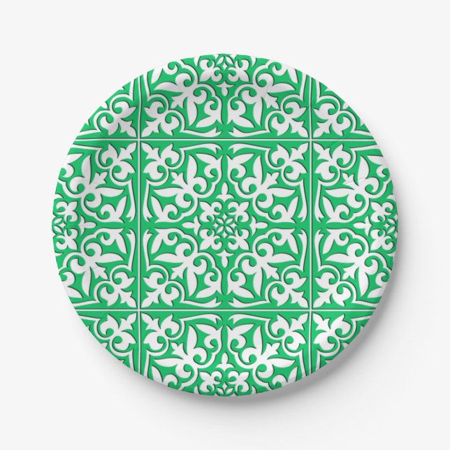 Moroccan tile - jade green and white paper plates (Front)