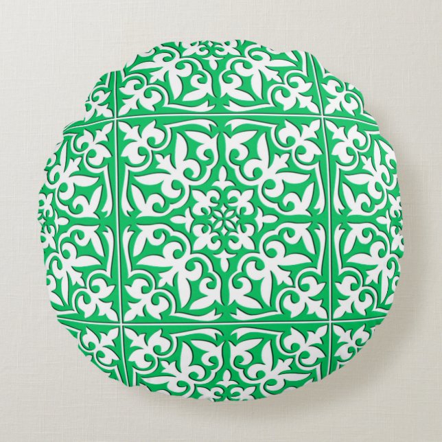 Moroccan tile - jade green and white round pillow (Front)