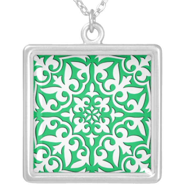 Moroccan tile - jade green and white silver plated necklace (Front)