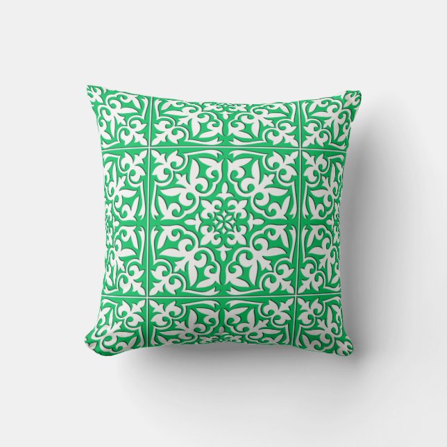 Moroccan tile - jade green and white throw pillow (Front)