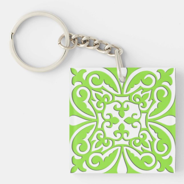 Moroccan tile - lime green and white keychain (Front)