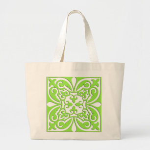 Moroccan tile - lime green and white large tote bag