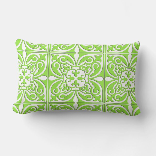 Moroccan tile - lime green and white lumbar pillow (Front)