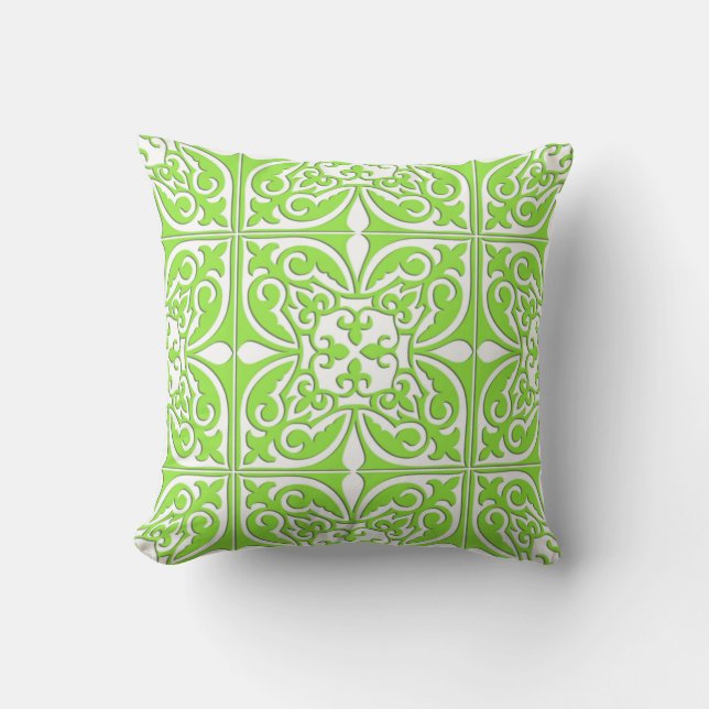 Moroccan tile - lime green and white throw pillow (Front)