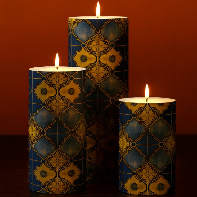 Moroccan Tile Moorish Pattern Blue and Gold Pillar Candle (set of three Moroccan pillar candles in situ in dark room)