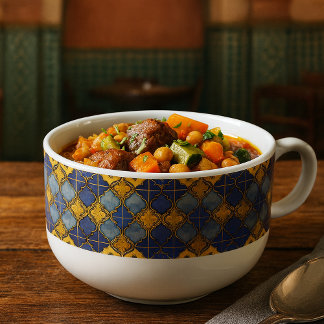 Moroccan Tile Moorish Pattern Rich Blue Faux Gold Soup Mug