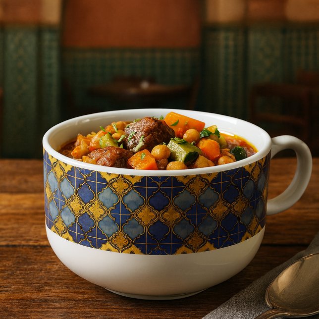 Moroccan Tile Moorish Pattern Rich Blue Faux Gold Soup Mug (Moroccan pattern ceramic soup mug/bowl with handle, in situ on a wooden dining table)