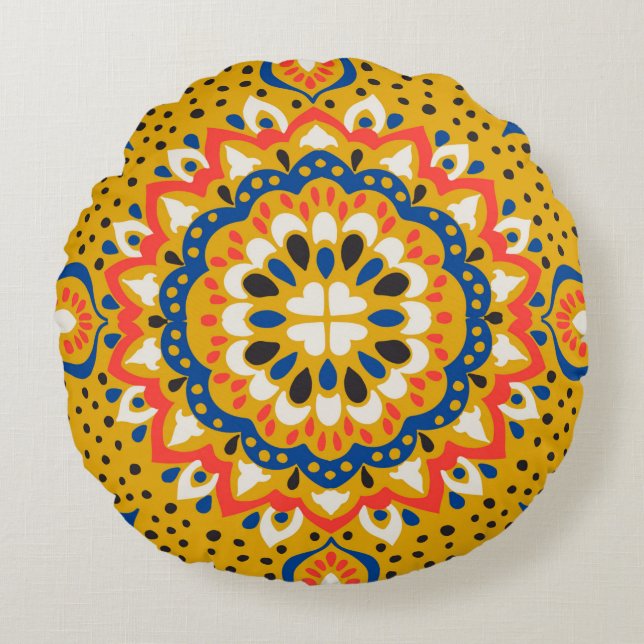 Moroccan tile mosaic illustration pattern round pillow (Front)