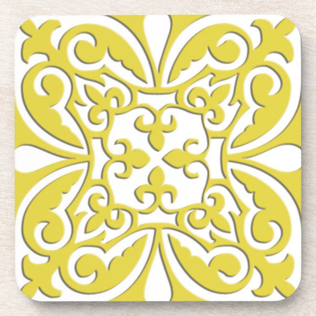Moroccan tile - mustard yellow and white coaster (Front)
