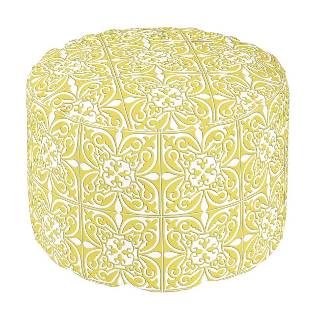 Moroccan tile - mustard yellow and white pouf (Angled Front)