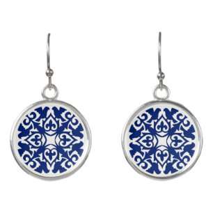 Moroccan Tile, Navy Blue and White Earrings