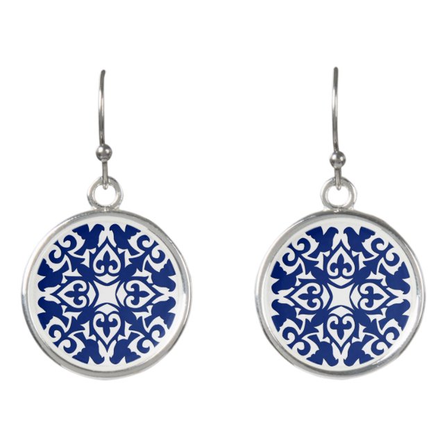 Moroccan Tile, Navy Blue and White Earrings (Front)