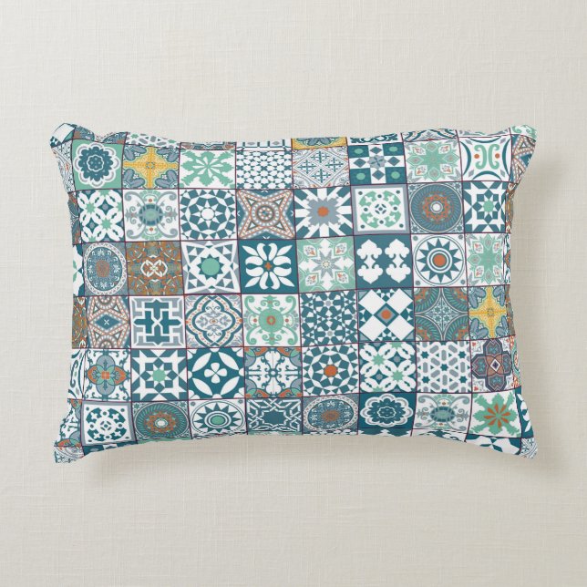 Moroccan tile-orange and light turquoise accent pillow (Front)