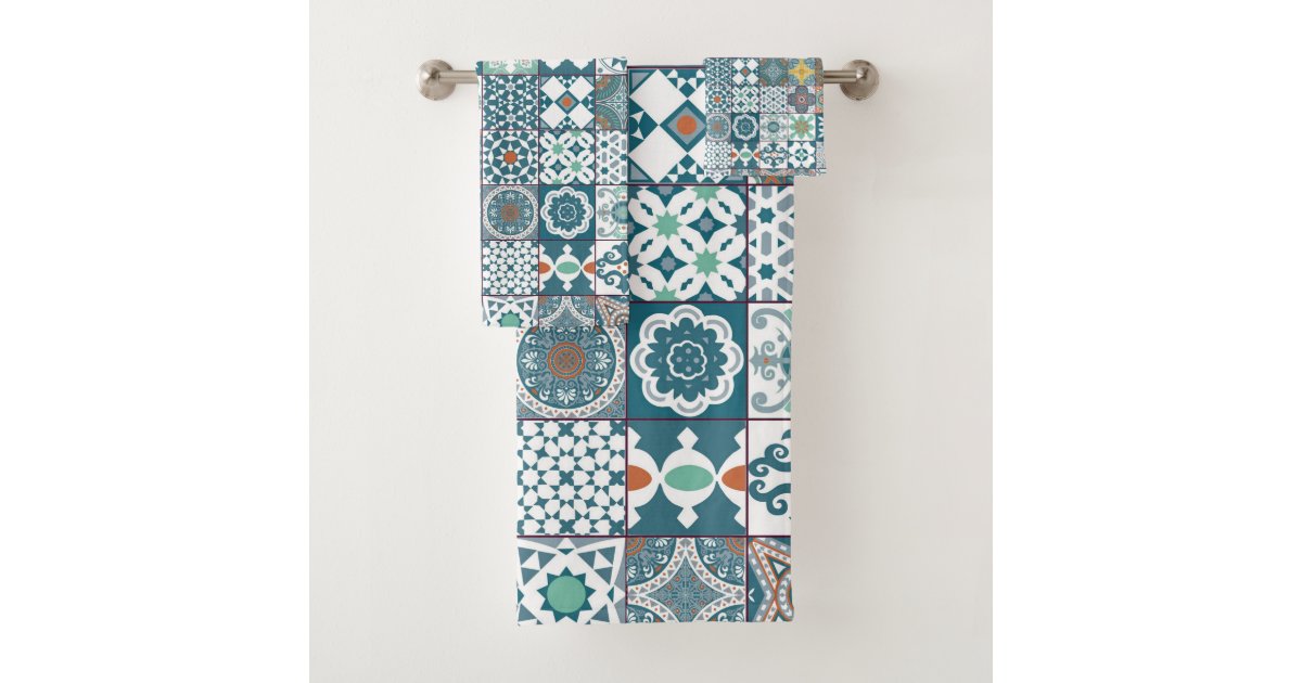 Moroccan Tile Orange And Light Turquoise Bath Towel Set Zazzle Com