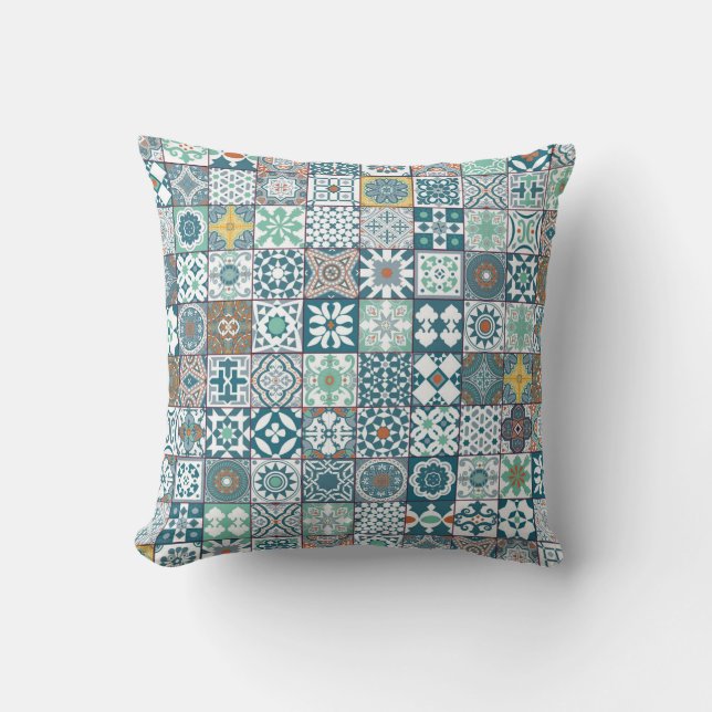 Moroccan tile-orange and light turquoise throw pillow (Front)