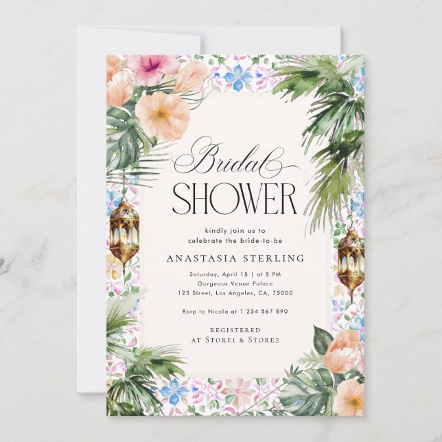 Moroccan Tile Palm Tree & Hibiscus Bridal Shower  Invitation (Front)