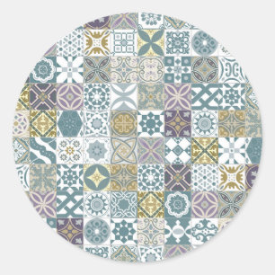 Moroccan tile - pastel blue and gold classic round sticker