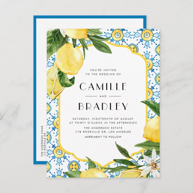 Moroccan Tile Pattern and Lemons QR Code Wedding Invitation Postcard (Front/Back)