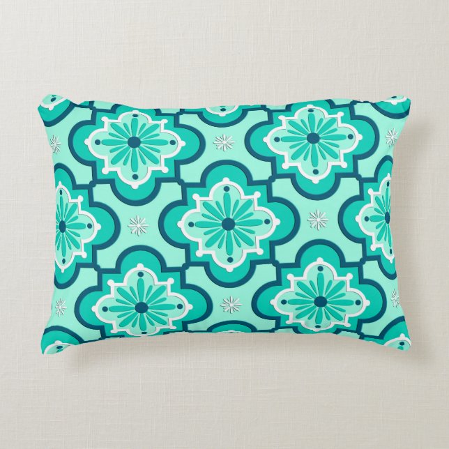 Moroccan Tile Pattern, Aqua and Turquoise Decorative Pillow (Front)