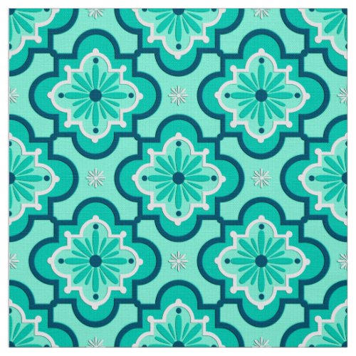 Moroccan Tile Pattern Aqua and Turquoise Fabric