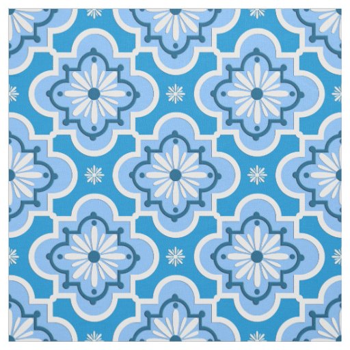 Moroccan tile pattern - Blue and White Fabric
