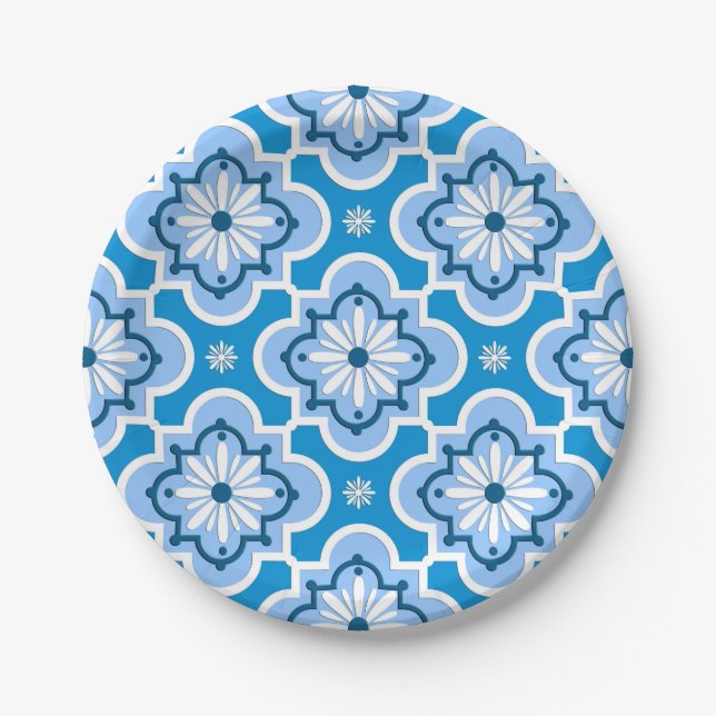 Moroccan tile pattern - Blue and White Paper Plates (Front)