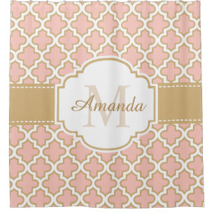 Moroccan Tile Pattern Classy Pink Coral Monogram Shower Curtain