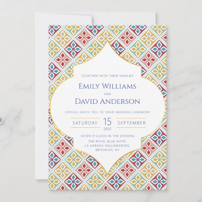 Moroccan Tile Pattern Colorful Wedding Invitation (Front)