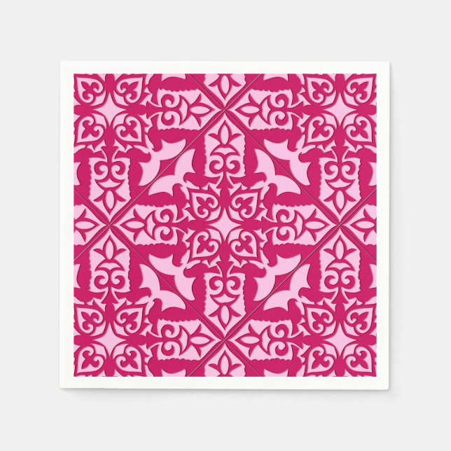 Moroccan Tile Pattern, Fuchsia and Pastel Pink Napkins (Front)