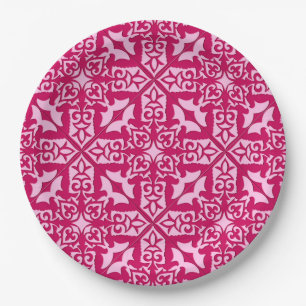 Moroccan Tile Pattern, Fuchsia and Pastel Pink Paper Plates