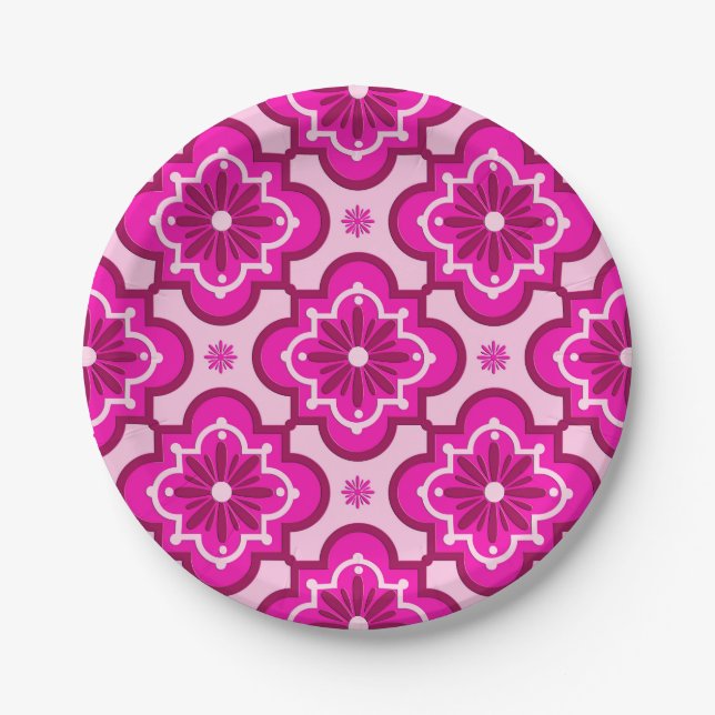 Moroccan tile pattern - Fuchsia Pink Paper Plates (Front)