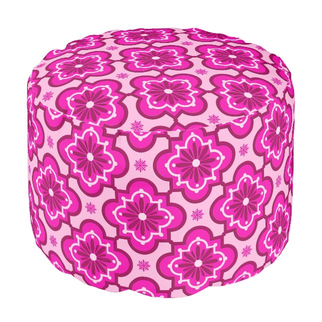Moroccan tile pattern - Fuchsia Pink Pouf (Angled Front)