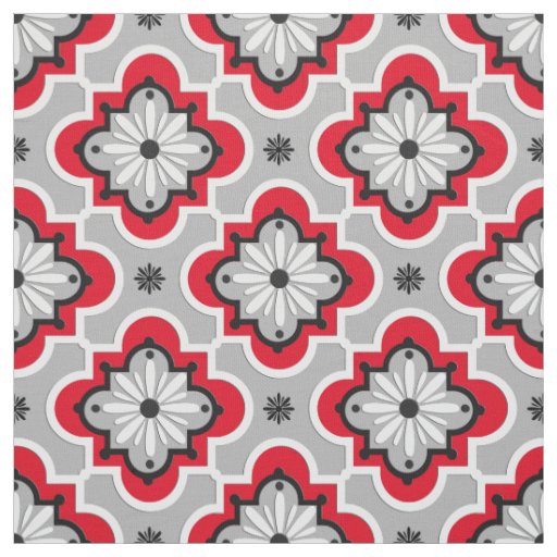 Moroccan tile pattern - Grey and Red Fabric