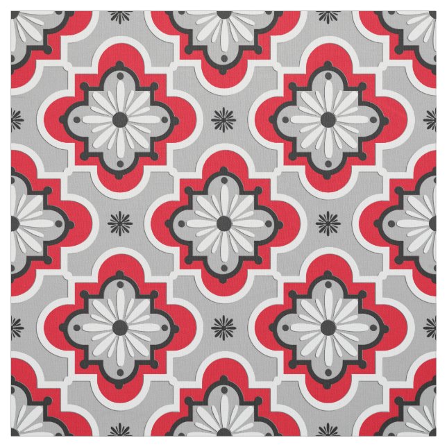 Moroccan tile pattern - Grey and Red Fabric (Swatch)