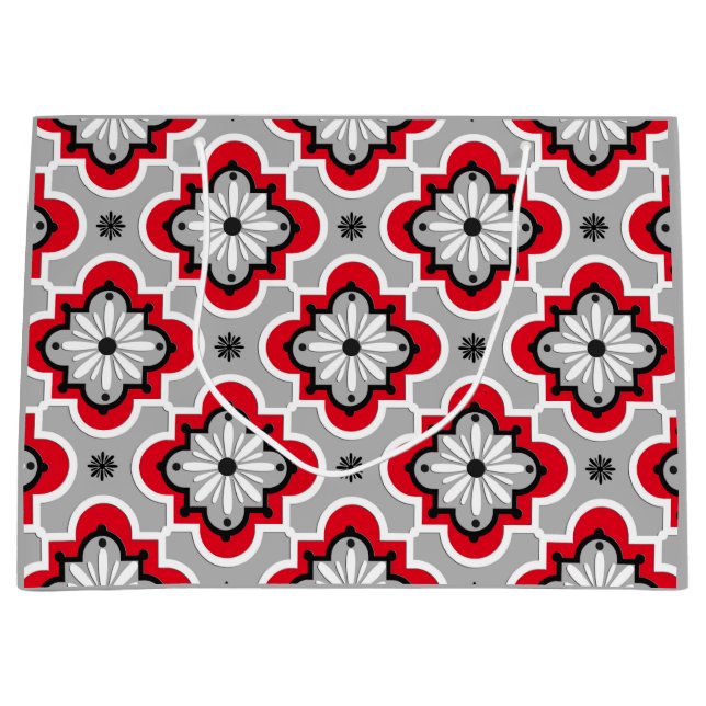 Moroccan tile pattern - Grey and Red Large Gift Bag (Front)