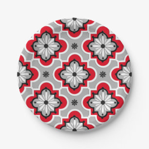 Moroccan tile pattern - Grey and Red Paper Plates