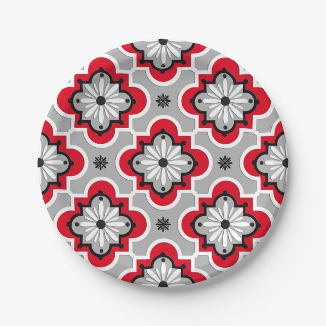 Moroccan tile pattern - Grey and Red Paper Plates (Front)