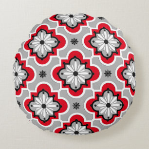 Moroccan tile pattern - Grey and Red Round Pillow