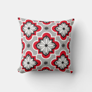 Moroccan tile pattern - Grey and Red Throw Pillow