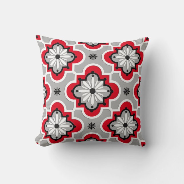 Moroccan tile pattern - Grey and Red Throw Pillow (Front)