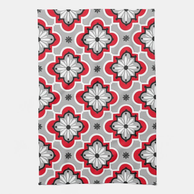 Moroccan tile pattern - Grey and Red Towel (Vertical)