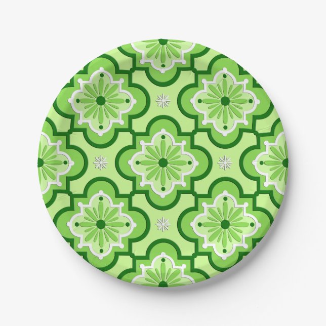 Moroccan tile pattern - Lime Green Paper Plates (Front)