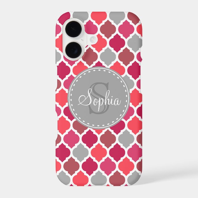 Moroccan Tile Pattern Monogram Stylish Pink Grey Iphone Case (Back)