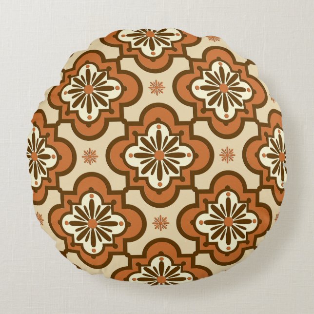 Moroccan tile pattern - Rust and Tan Round Pillow (Front)