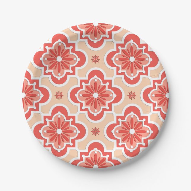 Moroccan tile pattern - Shades of Coral Orange Paper Plates (Front)